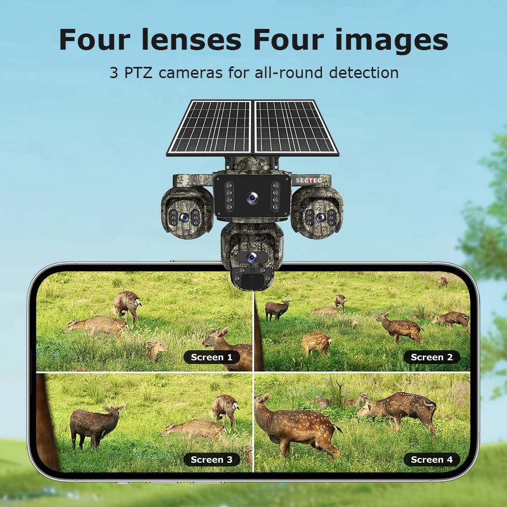 20MP 4 Lens AOV 4G Solar Security Camera PTZ Night Vision Camo Design 24/7 Full Time Rec AI Area Detect IP66 Waterproof
