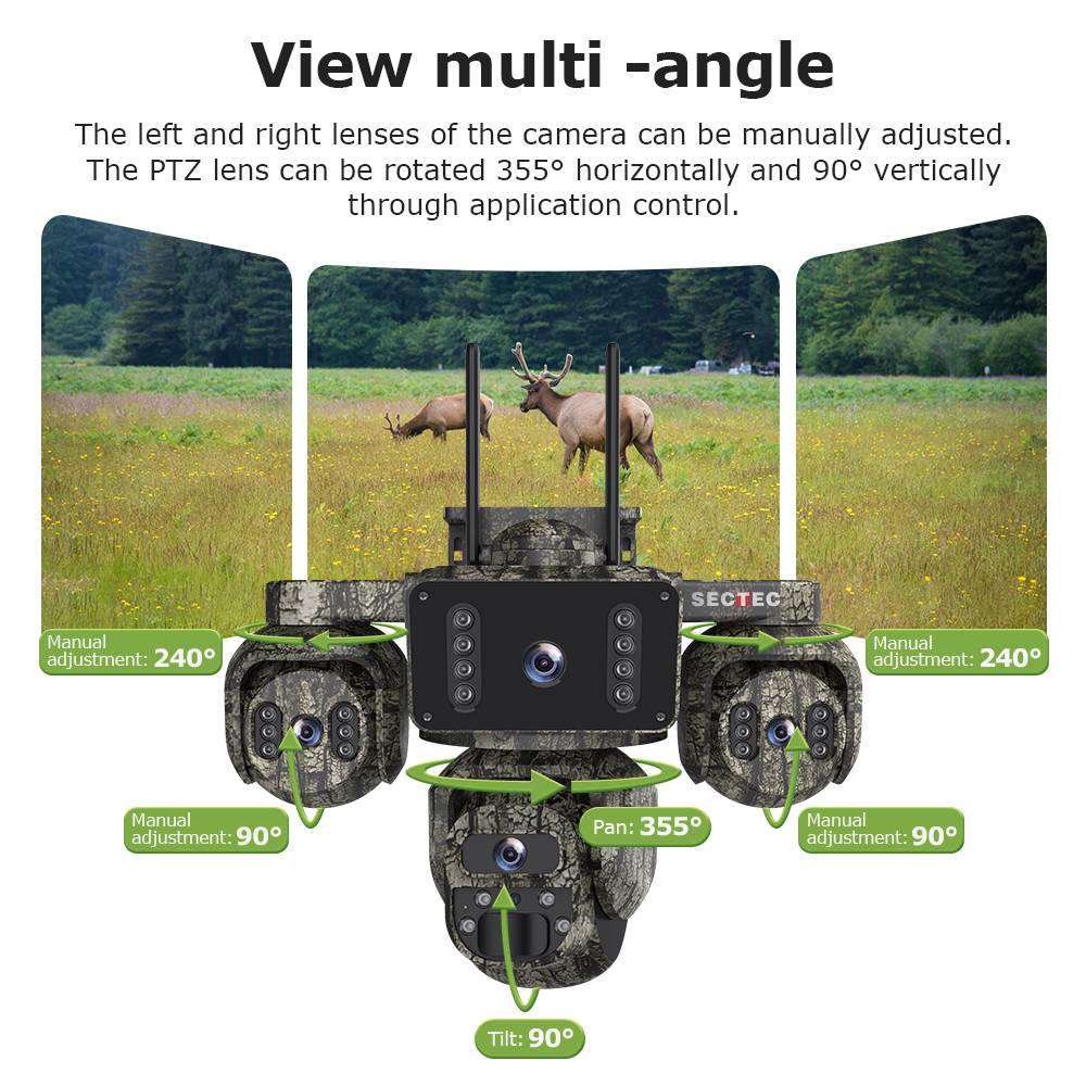 20MP 4 Lens AOV 4G Solar Security Camera PTZ Night Vision Camo Design 24/7 Full Time Rec AI Area Detect IP66 Waterproof