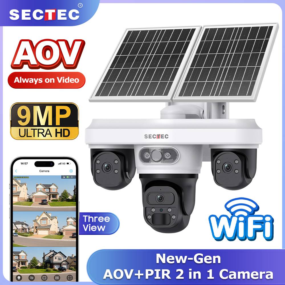 24/7 Recording 9MP 3 Lens Security AOV IP66 Waterproof 4G Solar Battery Camera