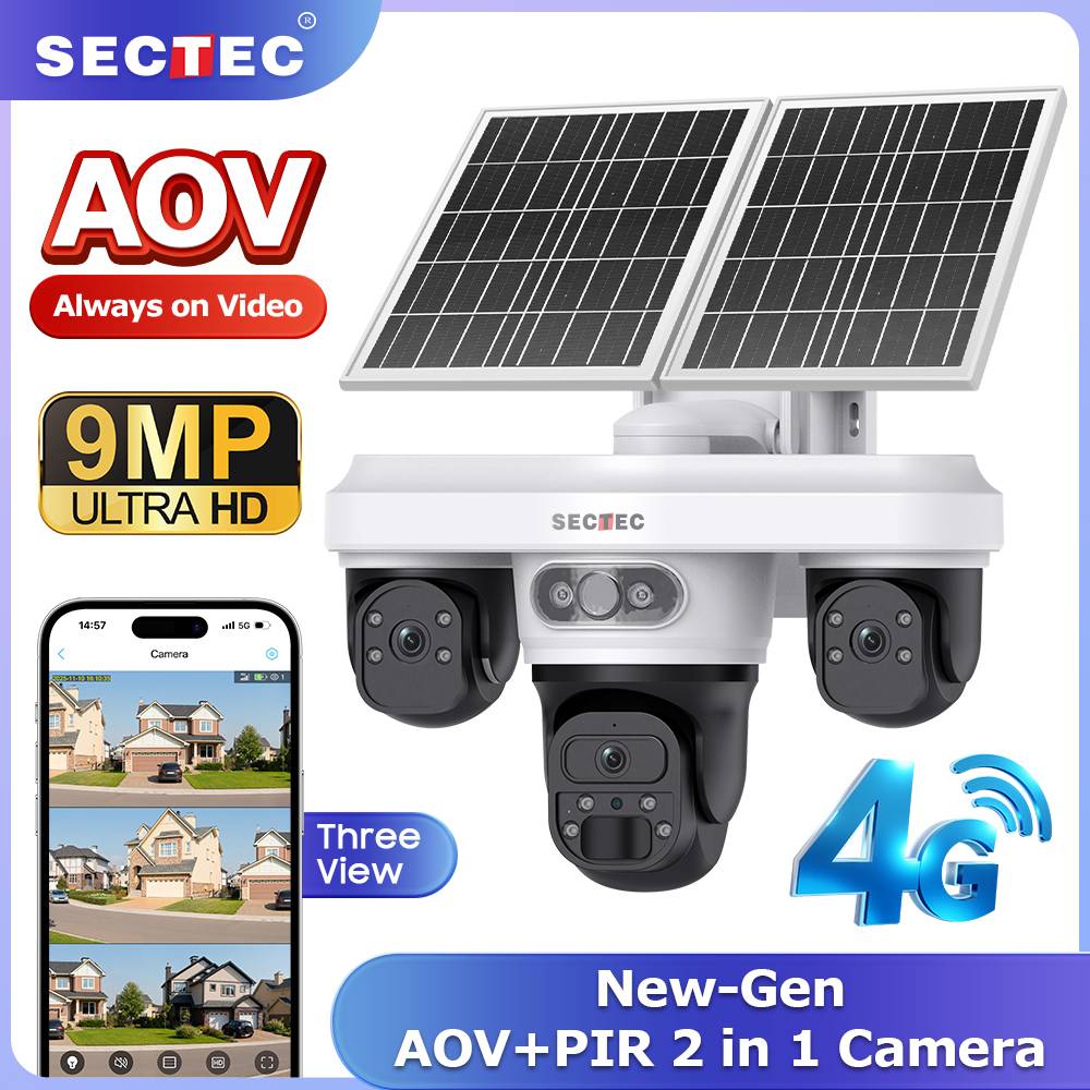 24/7 Recording 9MP 3 Lens Security AOV IP66 Waterproof 4G Solar Battery Camera