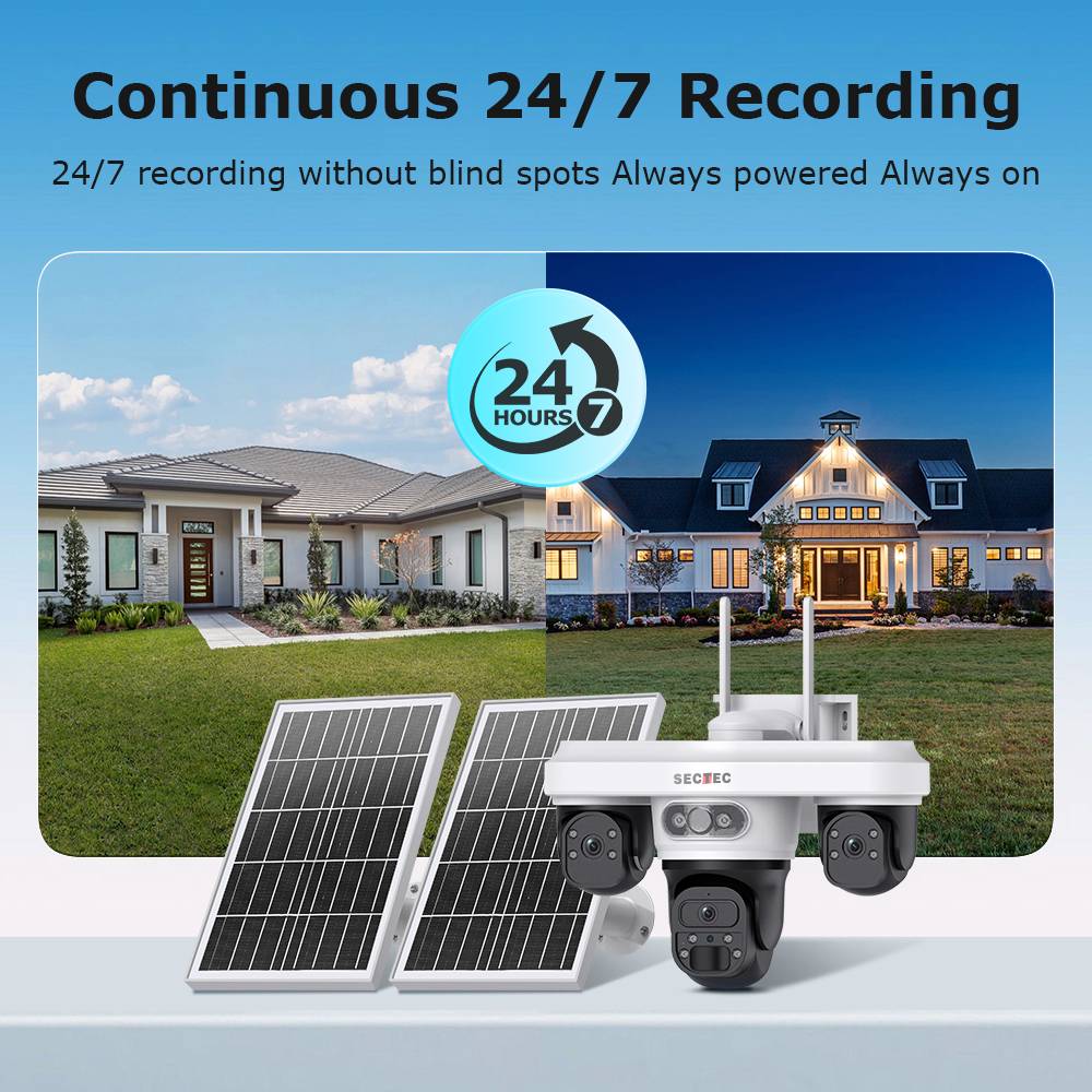 24/7 Recording 9MP 3 Lens Security AOV IP66 Waterproof 4G Solar Battery Camera