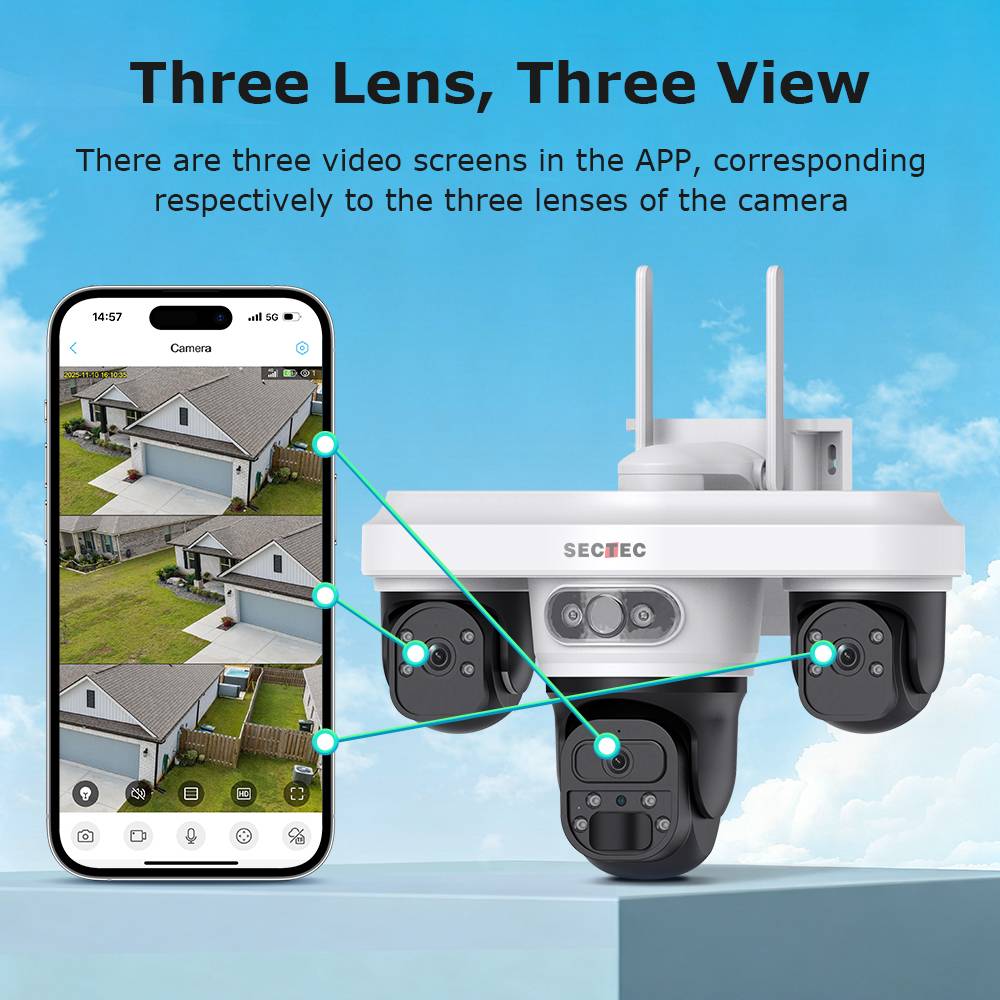 24/7 Recording 9MP 3 Lens Security AOV IP66 Waterproof 4G Solar Battery Camera