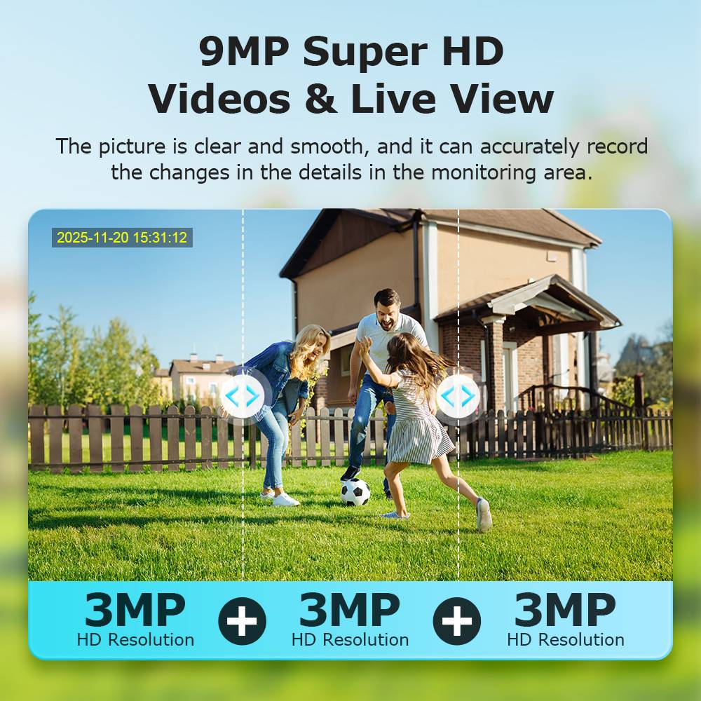 24/7 Recording 9MP 3 Lens Security AOV IP66 Waterproof 4G Solar Battery Camera