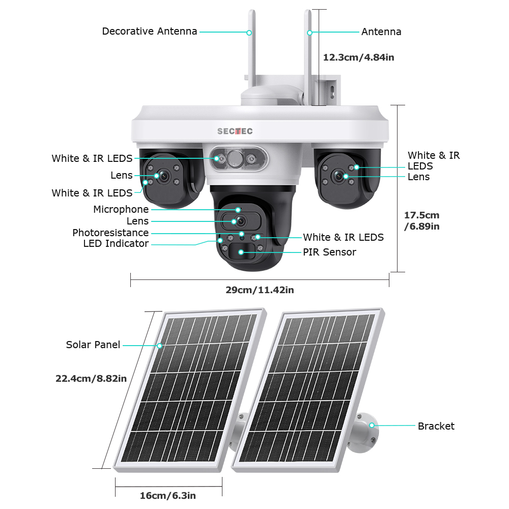 24/7 Recording 9MP 3 Lens Security AOV IP66 Waterproof 4G Solar Battery Camera