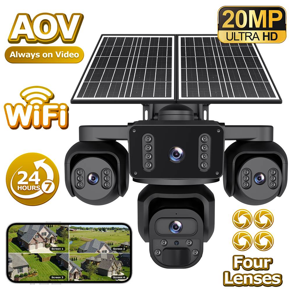 20MP 4 Lens 4 Screens AOV Wifi Security Tracking Human PIR Alarm 24/7 Working 4G Solar Camera