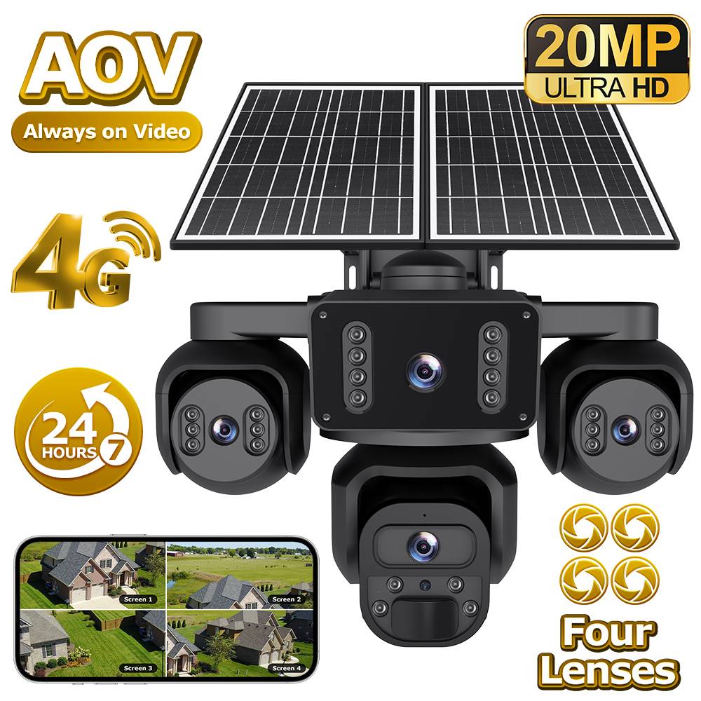 20MP 4 Lens 4 Screens AOV Wifi Security Tracking Human PIR Alarm 24/7 Working 4G Solar Camera