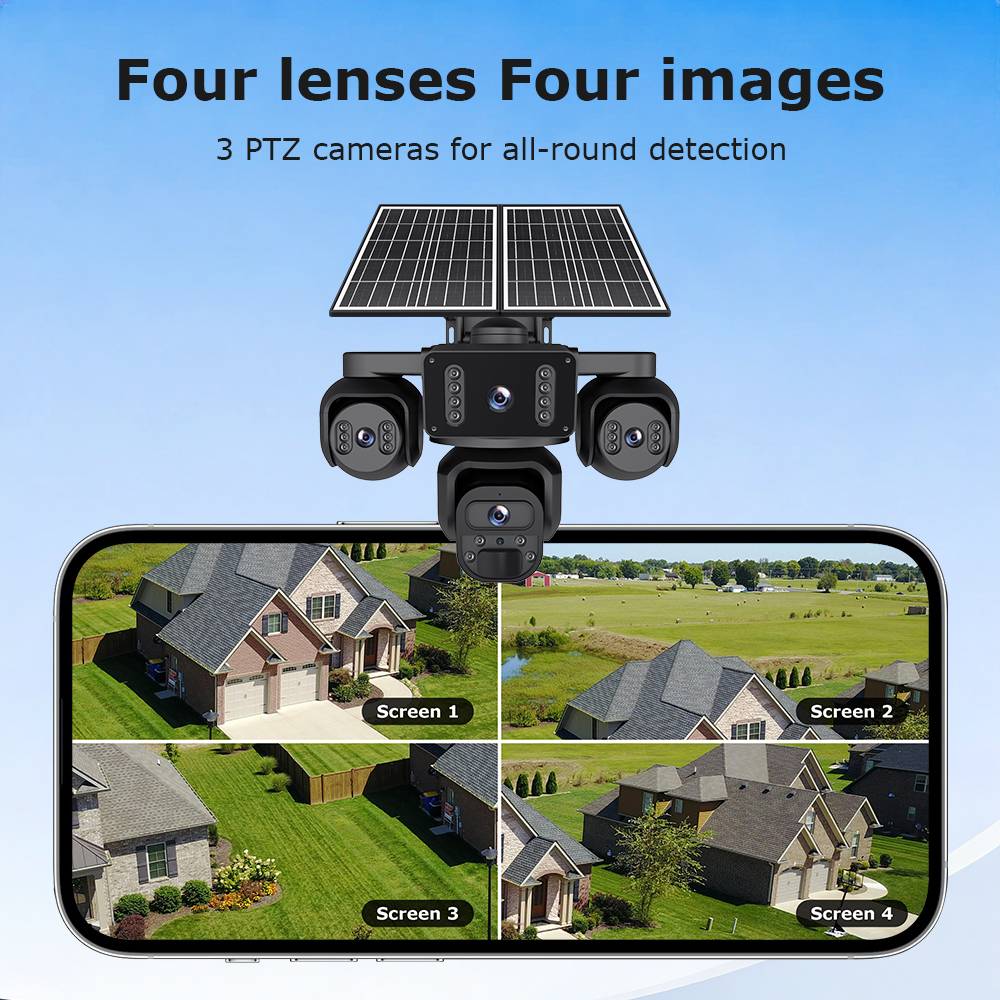 20MP 4 Lens 4 Screens AOV Wifi Security Tracking Human PIR Alarm 24/7 Working 4G Solar Camera