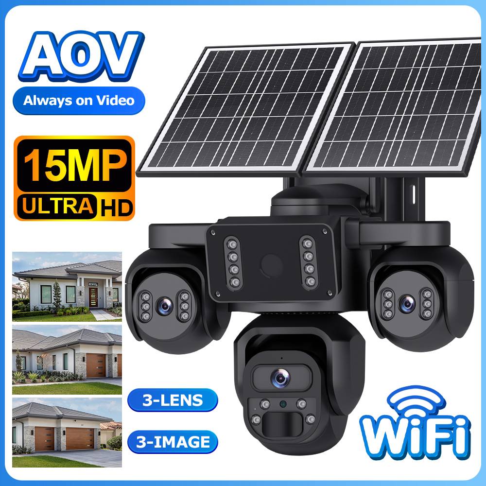 15MP 3 Lens Solar Camera PTZ 4G Battery AOV 24/7 Outdoor Security CCTV Camera