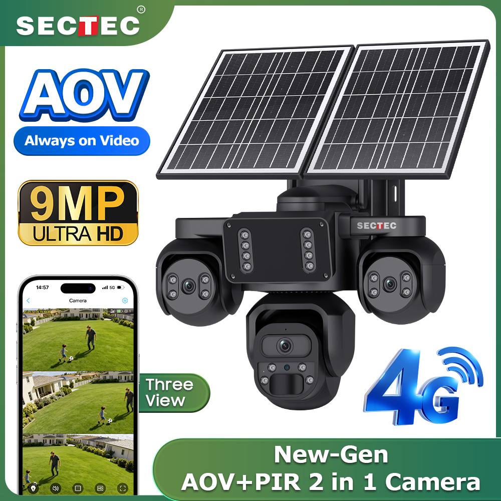 9MP Ubox 24/7 Camera 3 Lens AOV Waterproof IP66 Outdoor 4G Solar CCTV Camera