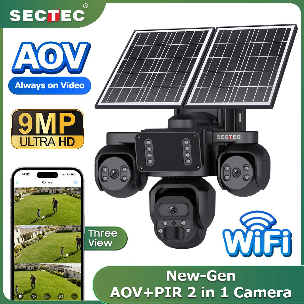 9MP Ubox 24/7 Camera 3 Lens AOV Waterproof IP66 Outdoor 4G Solar CCTV Camera