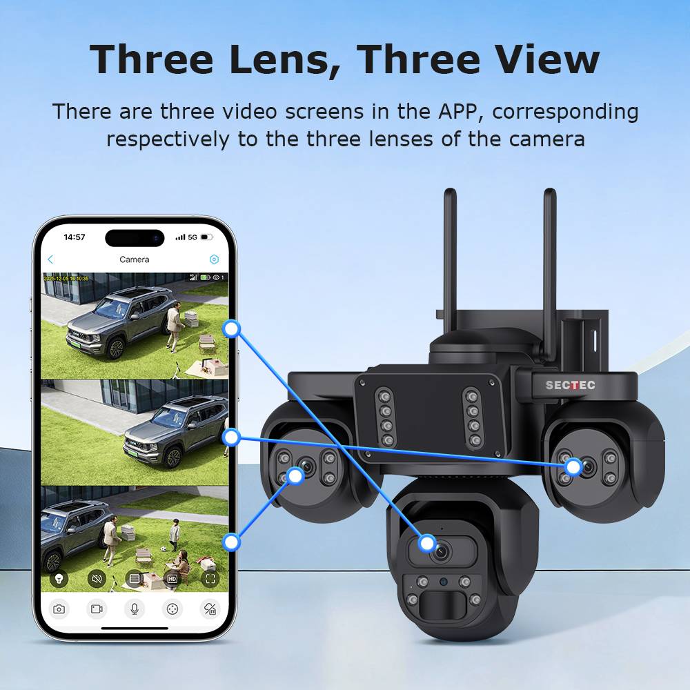 9MP Ubox 24/7 Camera 3 Lens AOV Waterproof IP66 Outdoor 4G Solar CCTV Camera