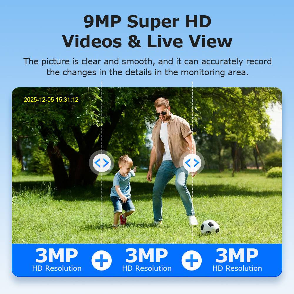 9MP Ubox 24/7 Camera 3 Lens AOV Waterproof IP66 Outdoor 4G Solar CCTV Camera