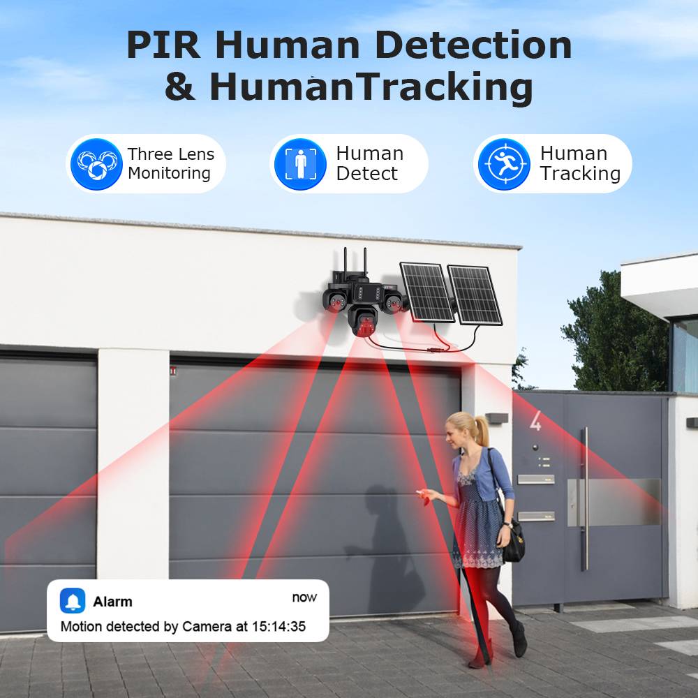 9MP Ubox 24/7 Camera 3 Lens AOV Waterproof IP66 Outdoor 4G Solar CCTV Camera