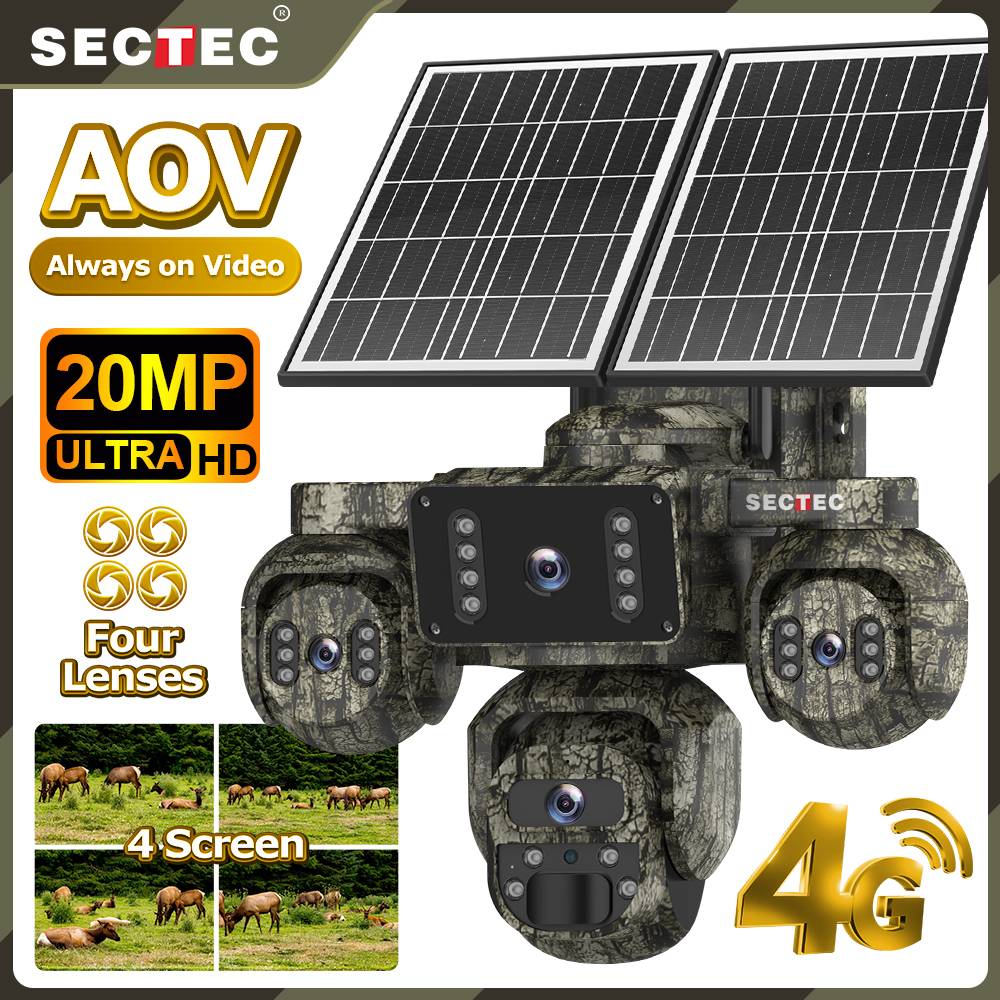 20MP 4 Lens AOV 4G Solar Security Camera PTZ Night Vision Camo Design 24/7 Full Time Rec AI Area Detect IP66 Waterproof