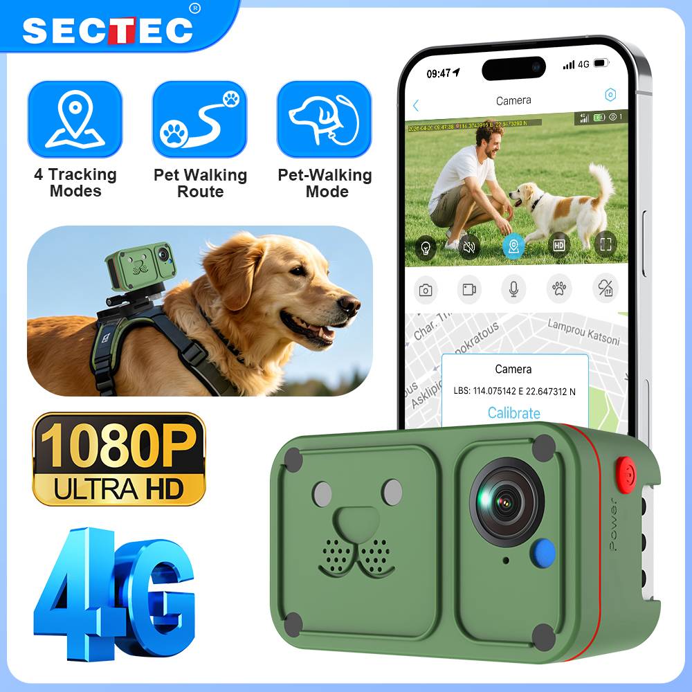 SECTEC 4G LTE Mini GPS Pet Camera Tracker 1080P Full HD Wireless Portable Pet Tracker with Two-way Audio IP67 Waterproof for Dogs Cats
