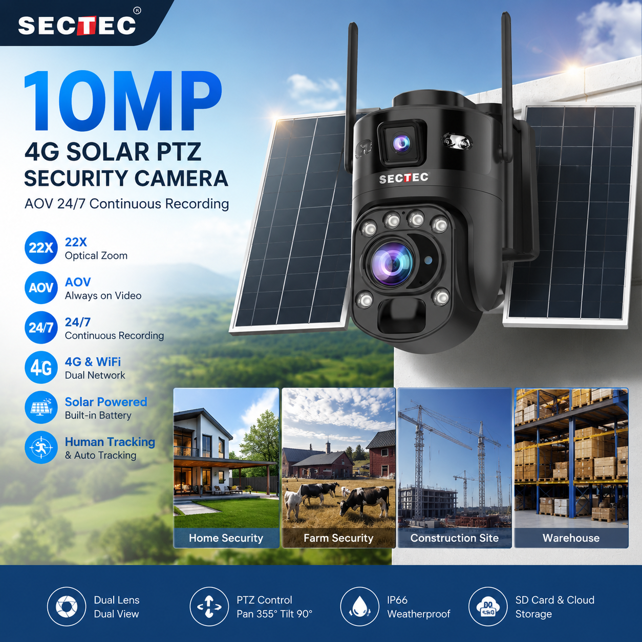 10MP AOV Outdoor PTZ Security Camera Solar Powered 24/7 Recording 22X Optical Zoom Dual Lens 4G WiFi CCTV Camera