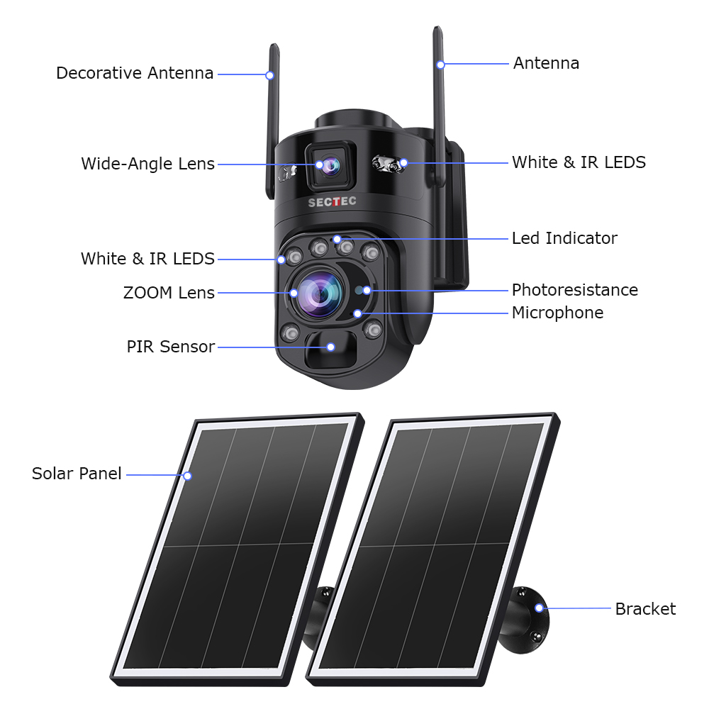 10MP AOV Outdoor PTZ Security Camera Solar Powered 24/7 Recording 22X Optical Zoom Dual Lens 4G WiFi CCTV Camera