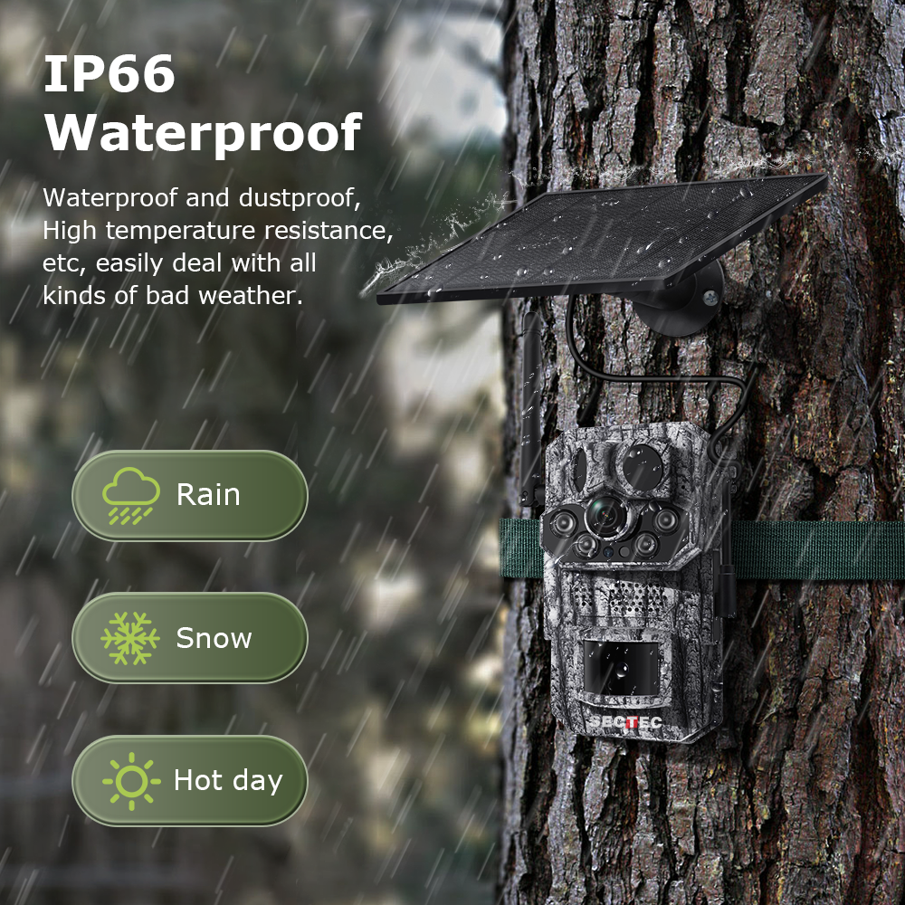 SECTEC Full Color Night Vision Three PIR 12MP GPS 4G Sim Camouflage Security IP66 Solar Battery Hunting Trail Wildlife Camera