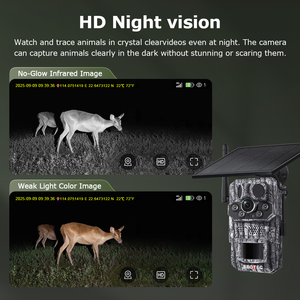 SECTEC Full Color Night Vision Three PIR 12MP GPS 4G Sim Camouflage Security IP66 Solar Battery Hunting Trail Wildlife Camera