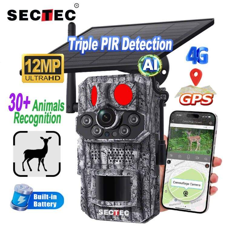 SECTEC Full Color Night Vision Three PIR 12MP GPS 4G Sim Camouflage Security IP66 Solar Battery Hunting Trail Wildlife Camera