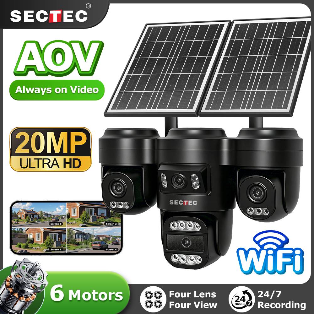 20MP 4 Lens Solar 3 PTZ Camera Outdoor Wireless 4G WiFi Solar Powered Security CCTV Solar Panel Cloud AI Human Detection 360