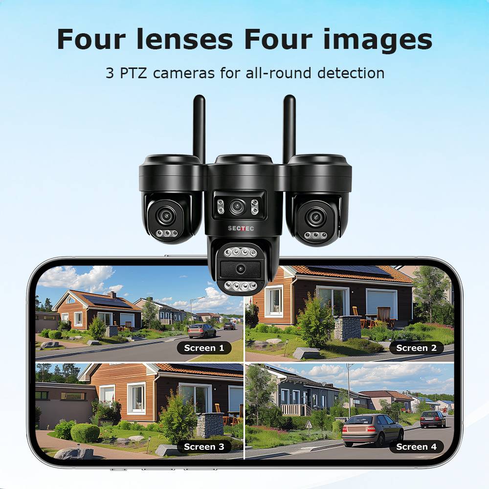 20MP 4 Lens Solar 3 PTZ Camera Outdoor Wireless 4G WiFi Solar Powered Security CCTV Solar Panel Cloud AI Human Detection 360