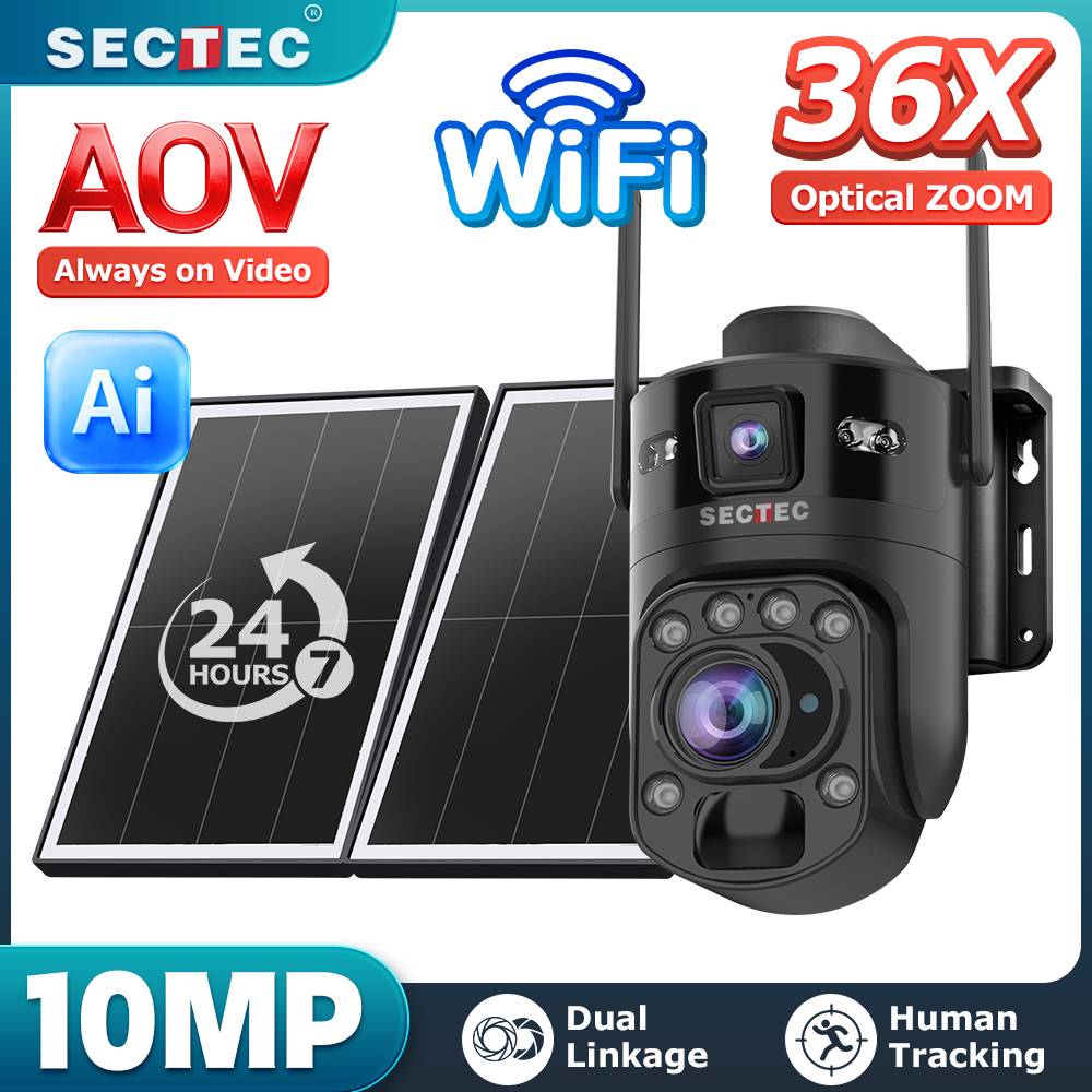 10MP AOV Outdoor PTZ Security Camera Solar Powered 24/7 Recording 36X Optical Zoom Dual Lens 4G WiFi CCTV Camera