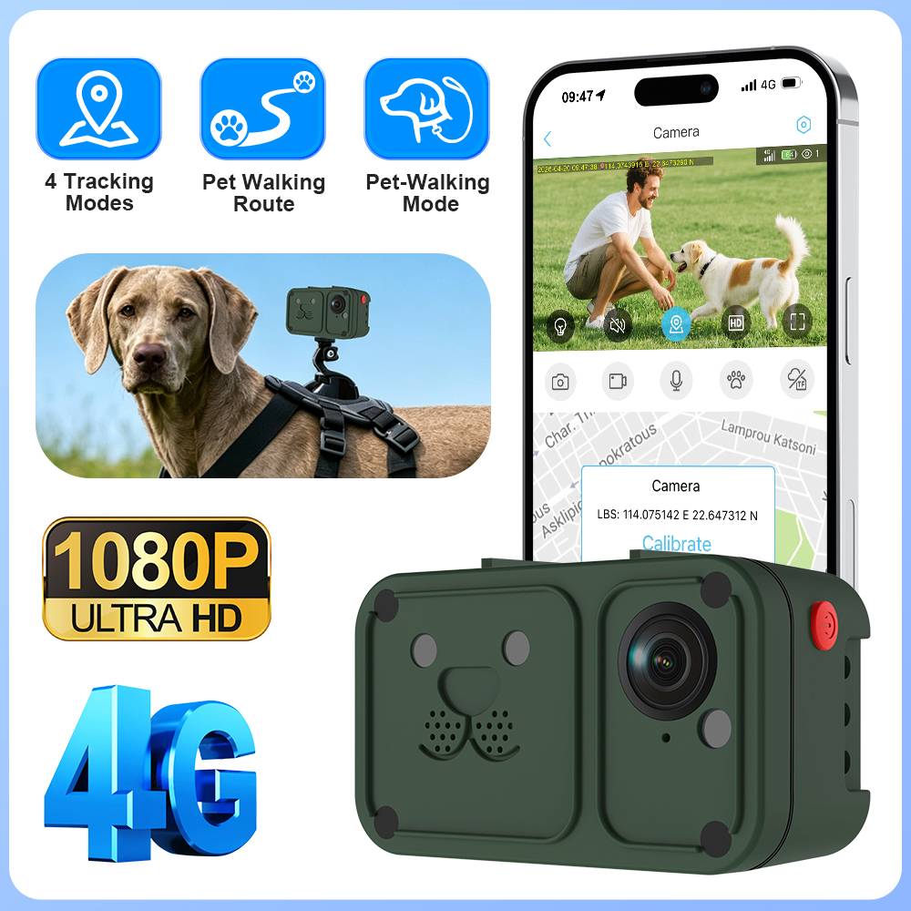 SECTEC 4G LTE Mini GPS Pet Camera Tracker 1080P Full HD Wireless Portable Pet Tracker with Two-way Audio IP67 Waterproof for Dogs Cats