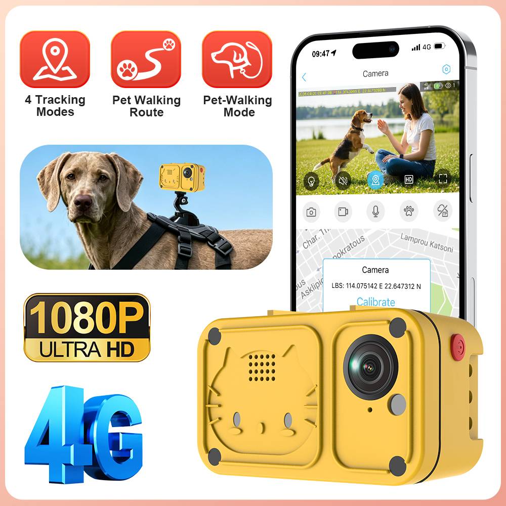 SECTEC Smart Pet GPS Tracker Camera 4G Anti-lost Two-Way Audio Dog Cat Find IP66 Pet Activity Detection Alert Security Camera