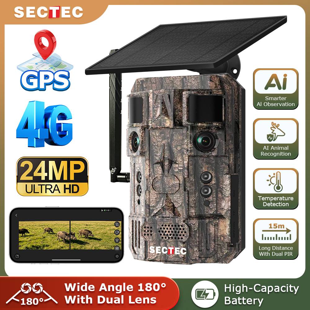 SECTEC 24MP Dual Lens Solar Hunting Camera AI Wildlife Trail Camera 4G WiFi Night Vision PIR Motion Detection IP66
