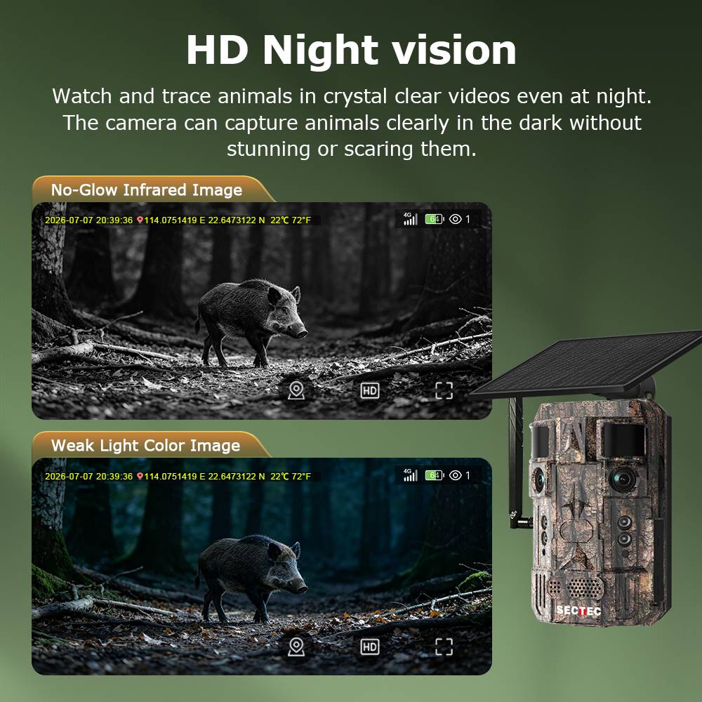 SECTEC 24MP Dual Lens Solar Hunting Camera AI Wildlife Trail Camera 4G WiFi Night Vision PIR Motion Detection IP66