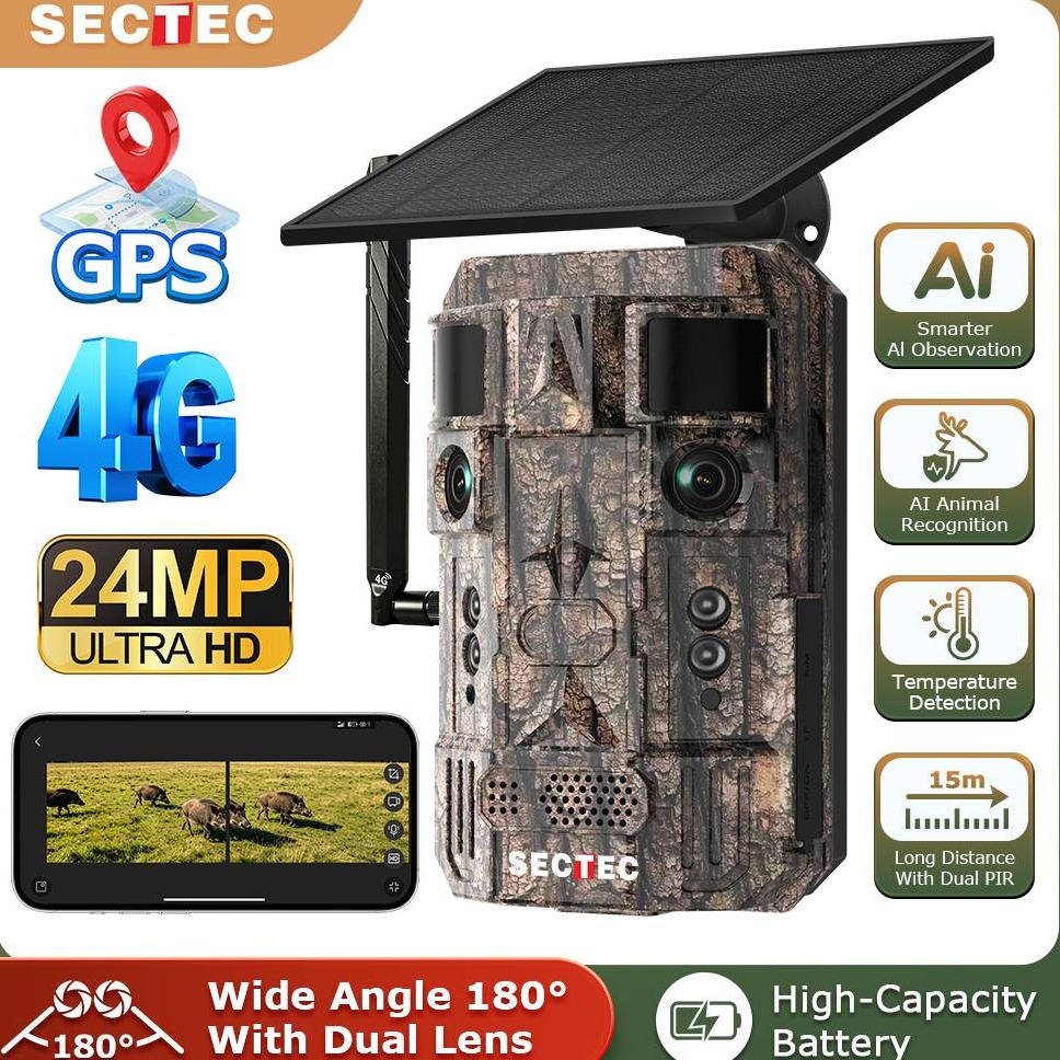 SECTEC 24MP Dual Lens Solar Hunting Camera AI Wildlife Trail Camera 4G WiFi Night Vision PIR Motion Detection IP66