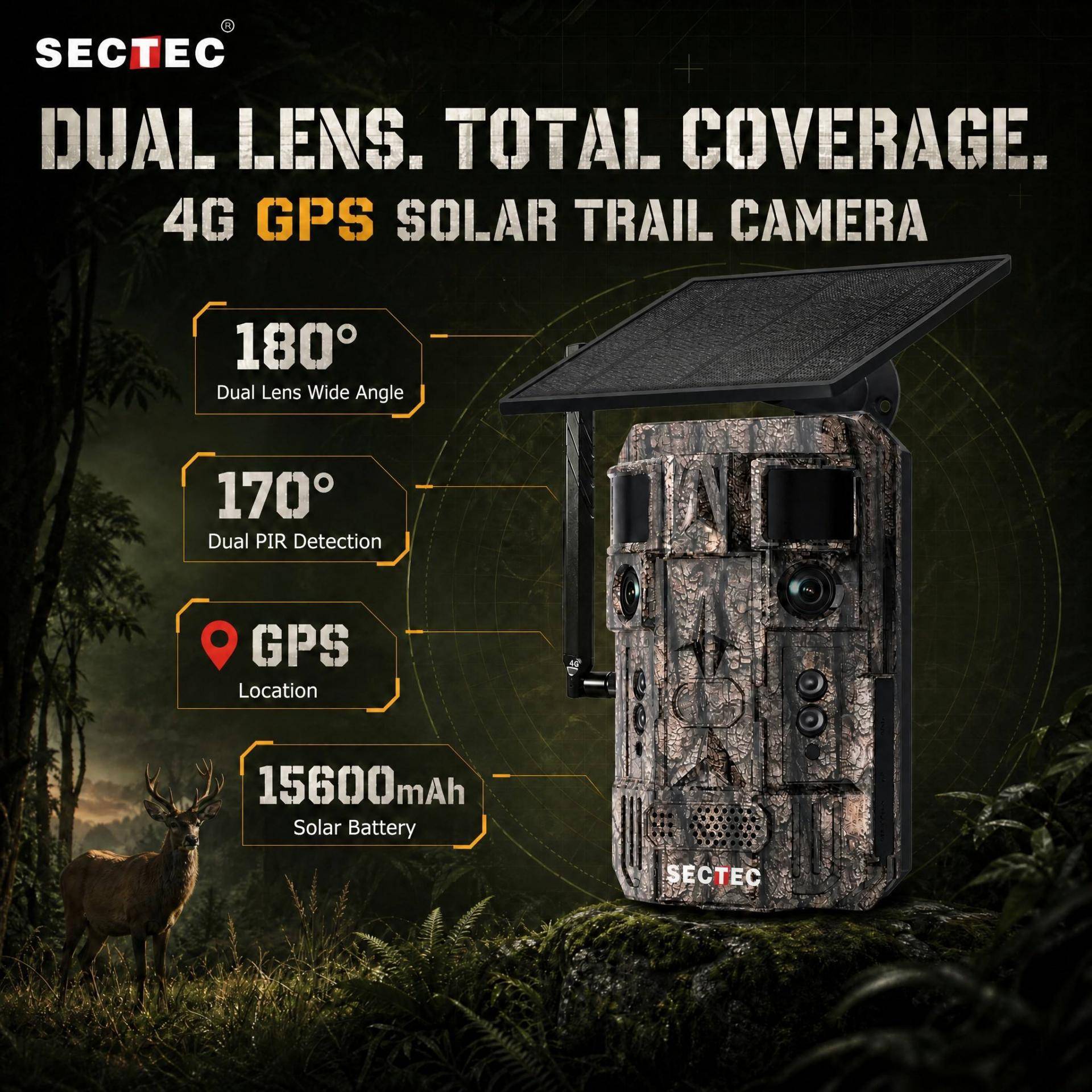 24MP 4G LTE Dual Lens GPS Solar Hunting Camera AI Wildlife Trail Camera Outdoor Security Camera