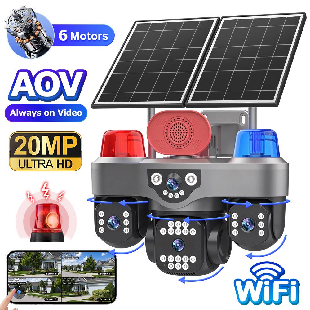 20MP Four Lens Solar 4G PTZ Network Camera AOV Six Motor IP66 Full Color Night Vision Built in Siren